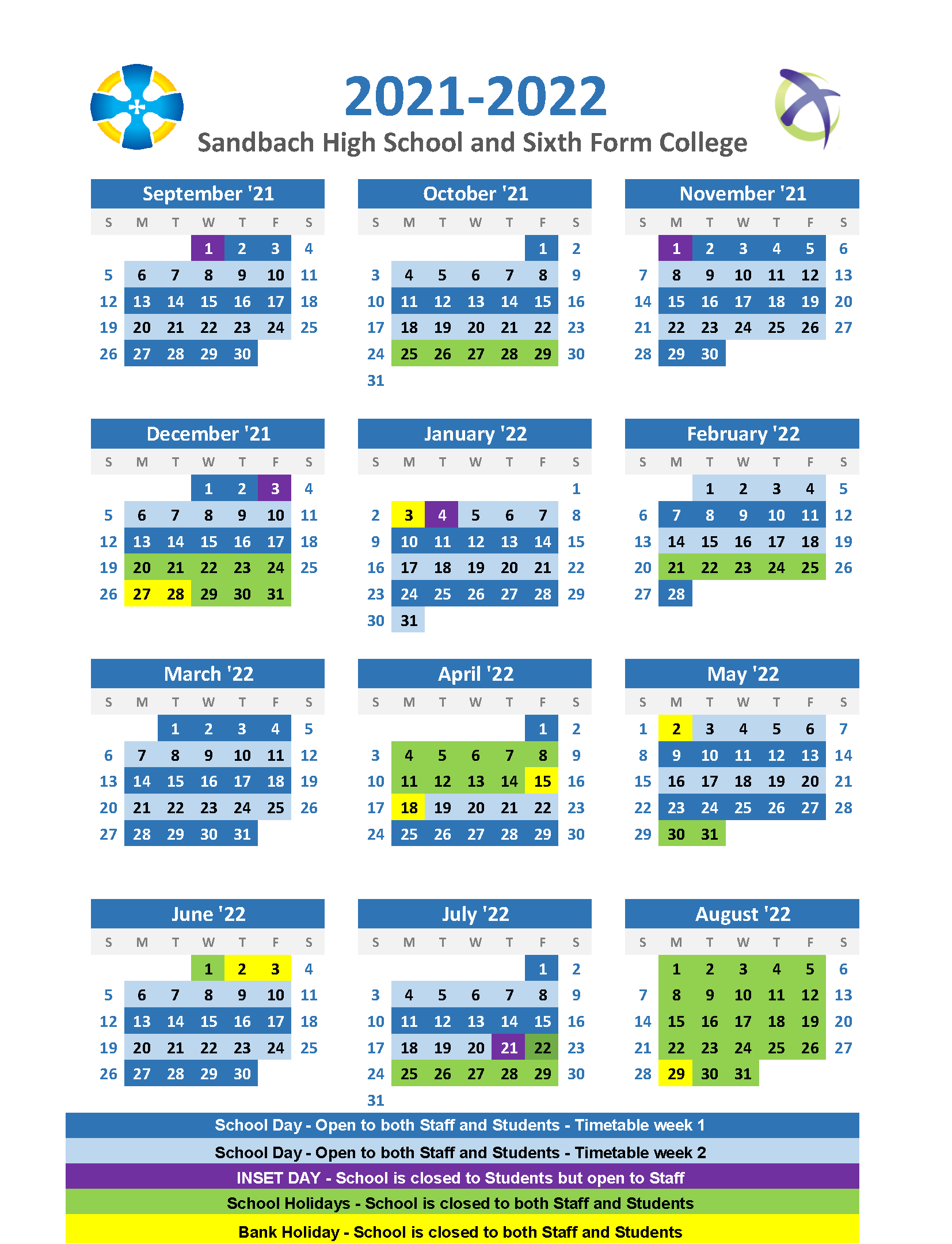 School calendar 2021-2022 - 2
